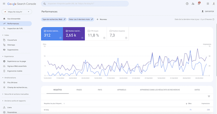 Search Console onglet performance