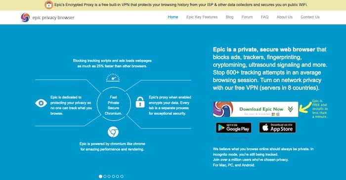 Epic navigateur protection vie privée
