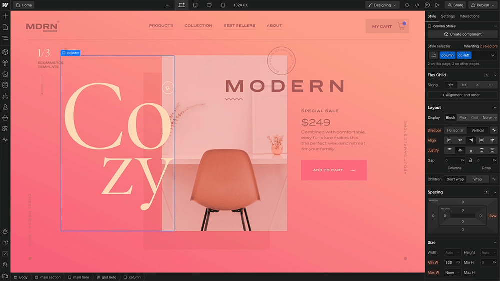 page d'un site e-commerce Webflow