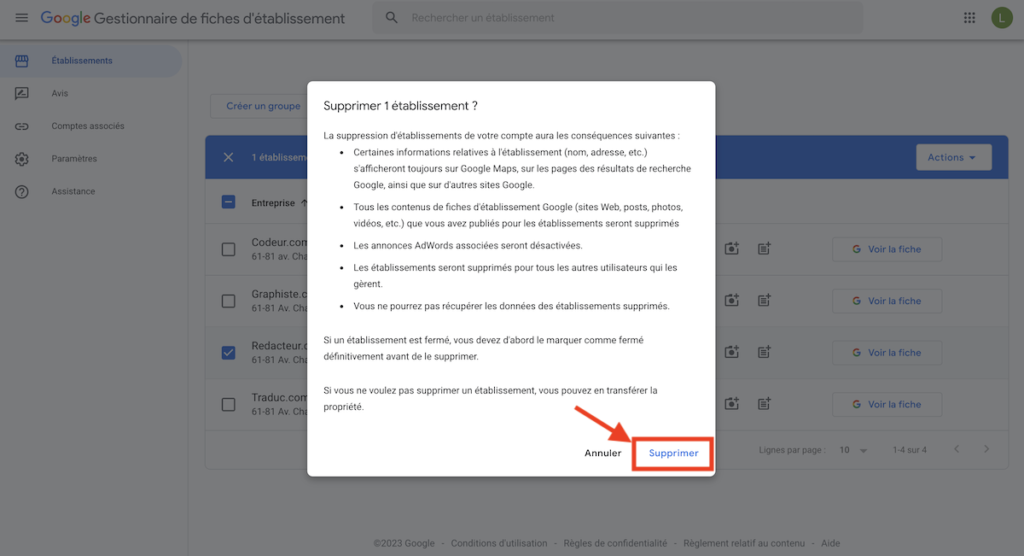 valider la suppression d'un établissement Google My Business