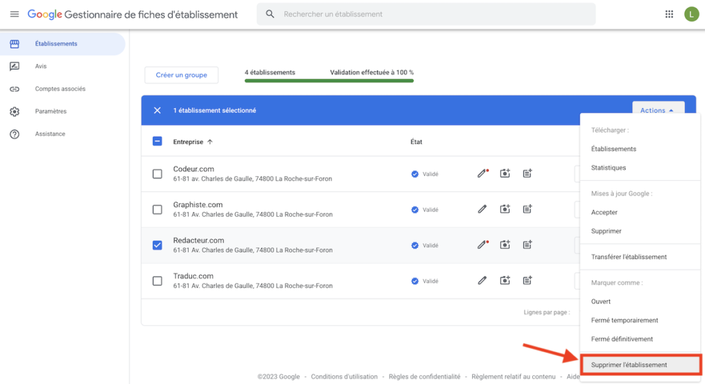 supprimer un établissement Google My Business