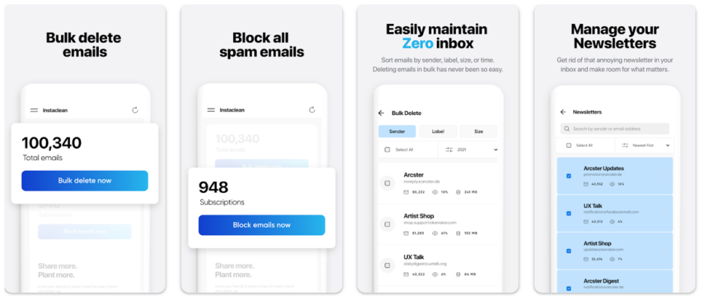 application nettoyage boite mail android instaclean